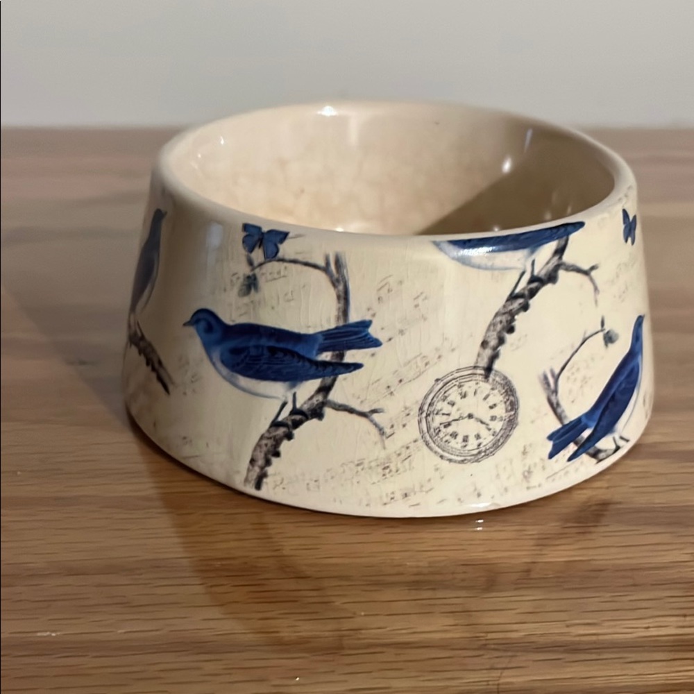 Pet Bowl Dishwasher Safe Cream and Blue Bird Accents Cat or Dog Vintage-Style